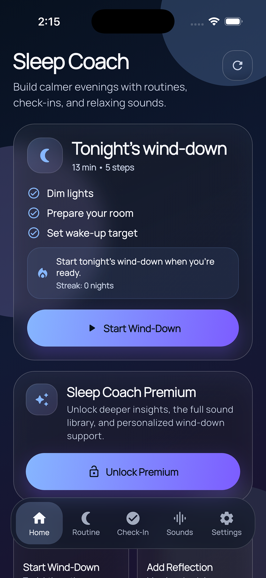 Sleep Coach app — Tonight's wind-down routine and premium features